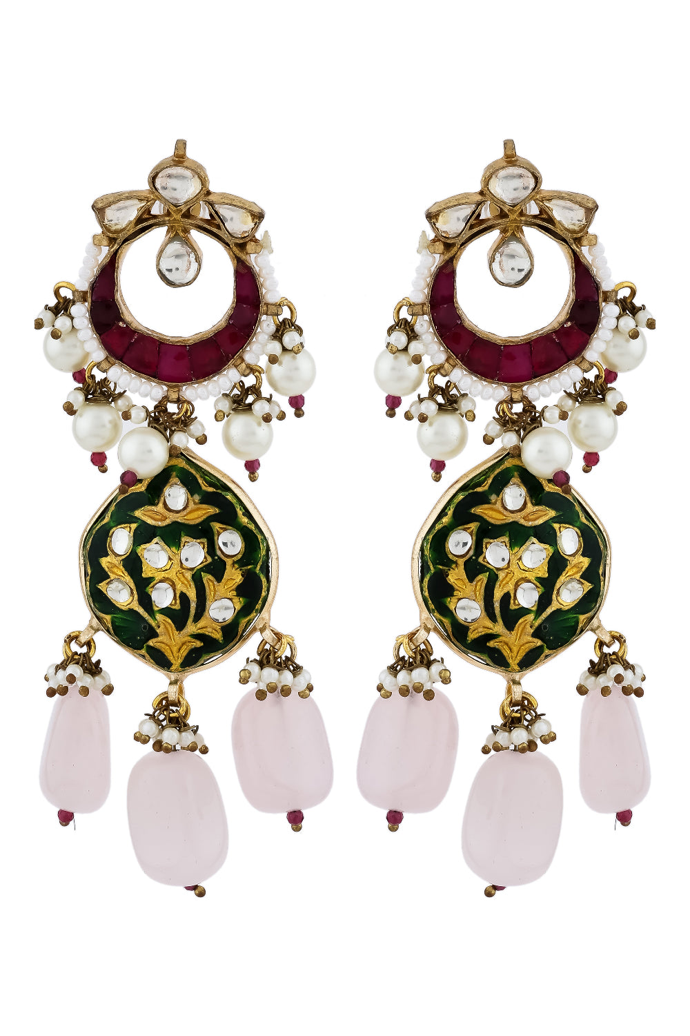 kundan Meena fusion drop earrings with baby pink stone hanging and green enamel drops