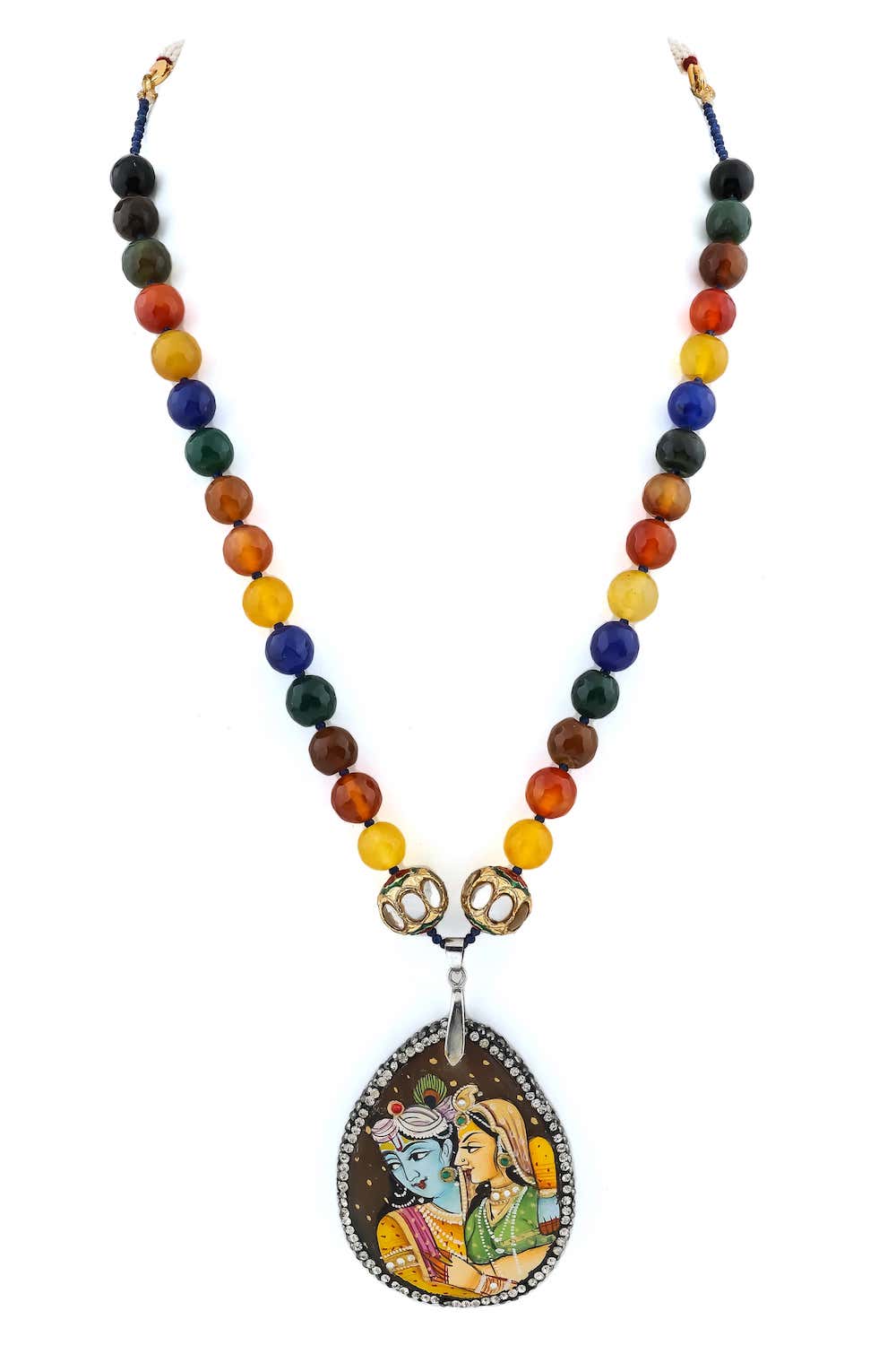 long Radhekrishna handprinted agate pendant with natural jade faceted beads mala