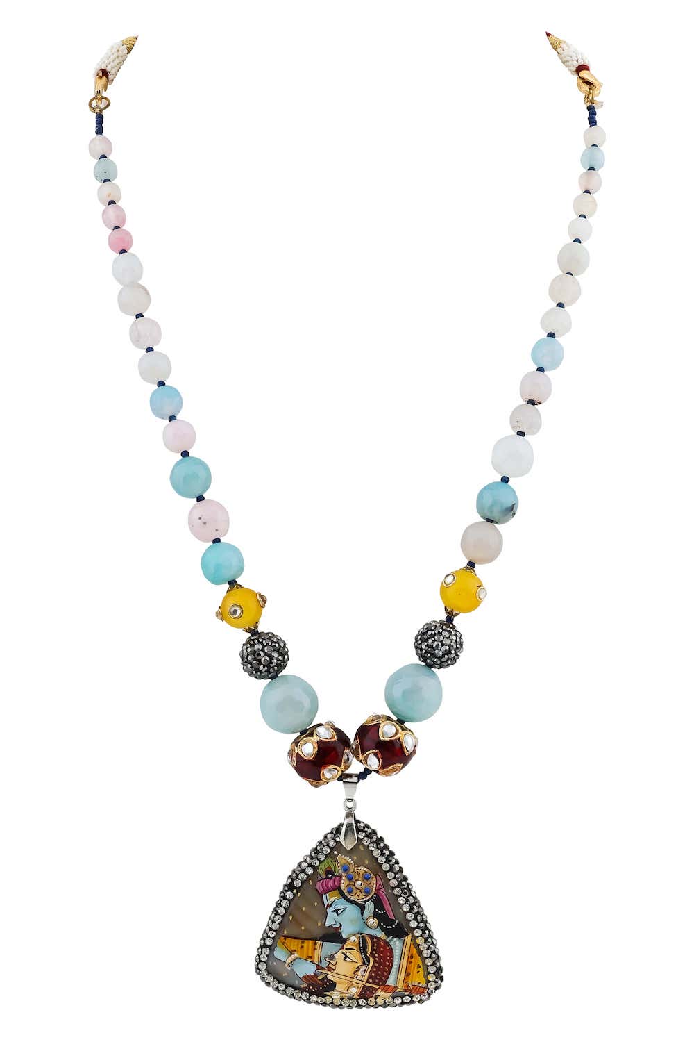 long Radhekrishna handprinted agate pendant with natural jade faceted beads mala