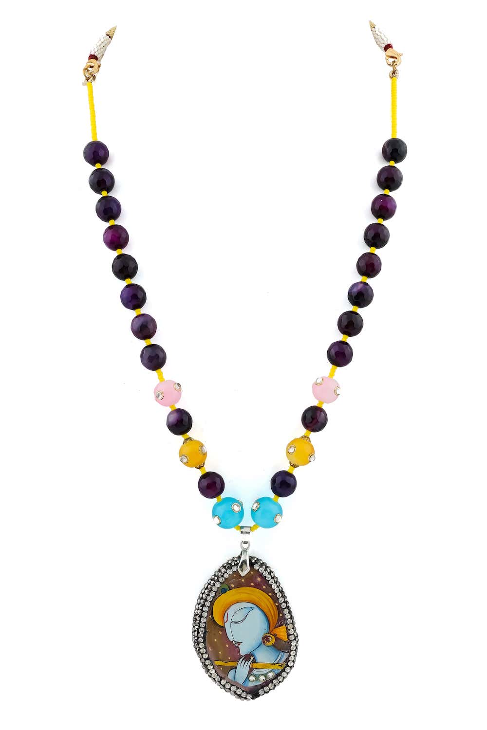 long Krishna with flute handprinted agate pendant with natural jade faceted beads mala