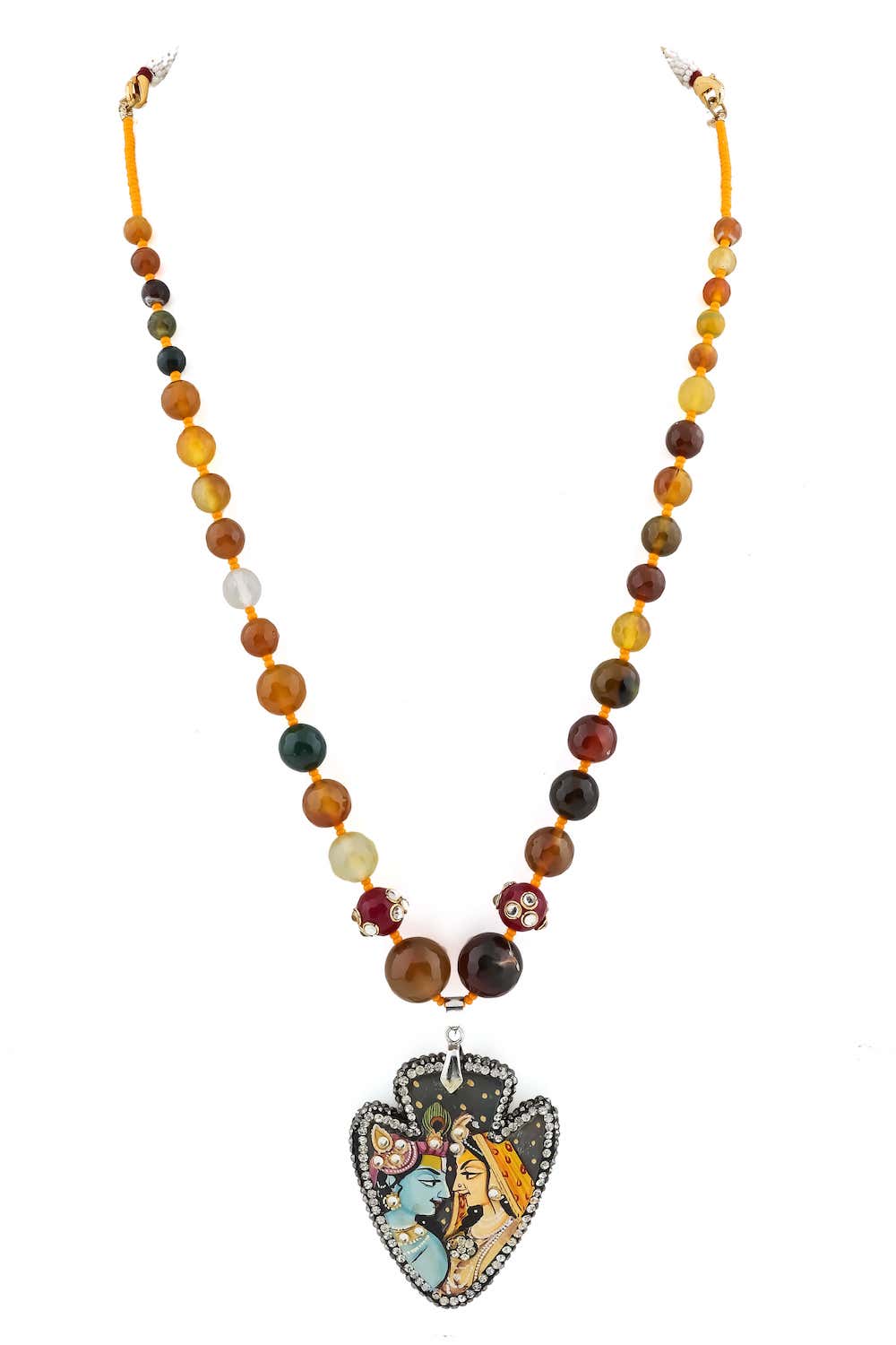 long Radhekrishna handprinted agate pendant with natural jade faceted beads mala