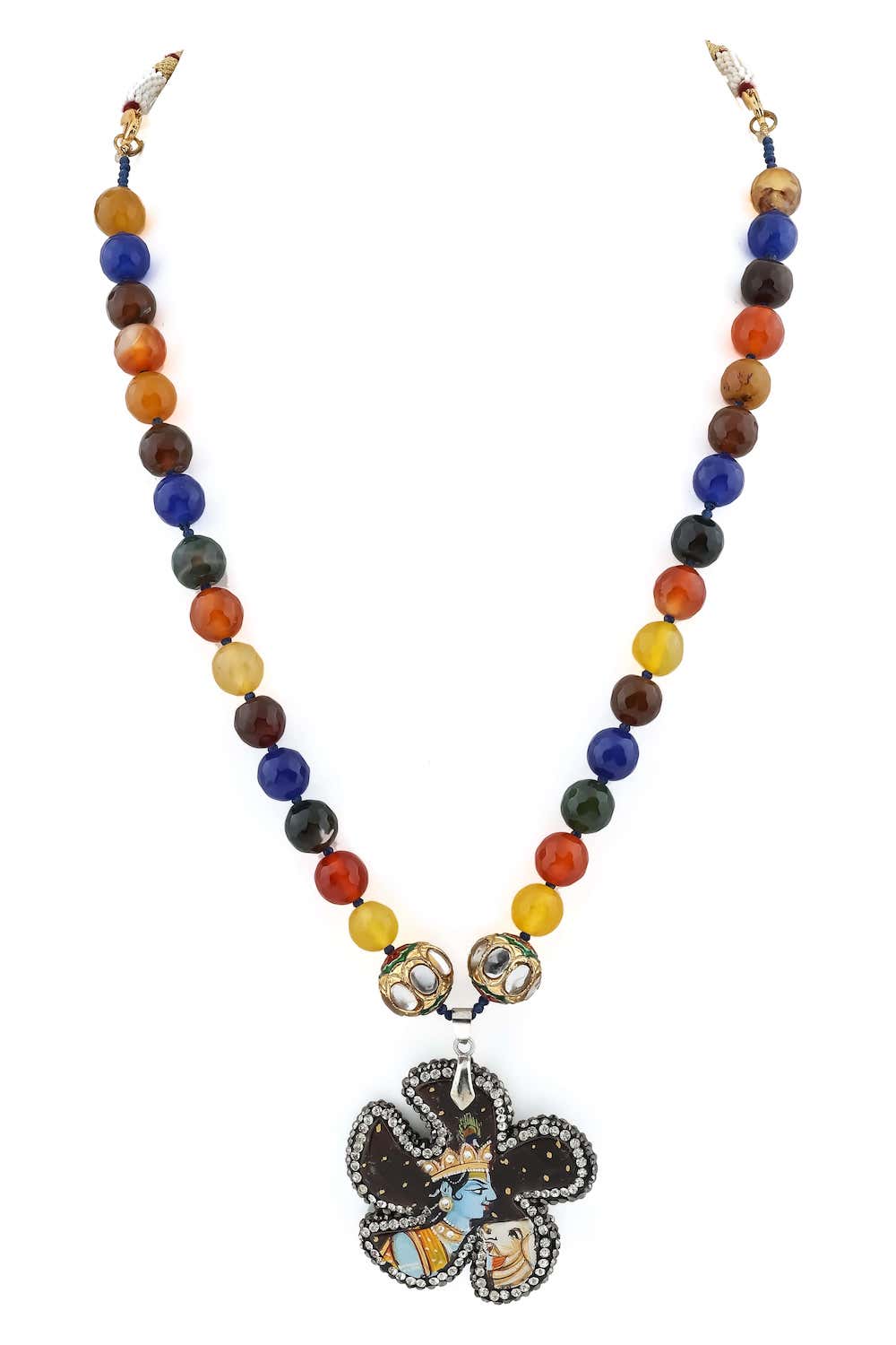 long krishna with cow handprinted agate pendant with natural jade faceted beads mala