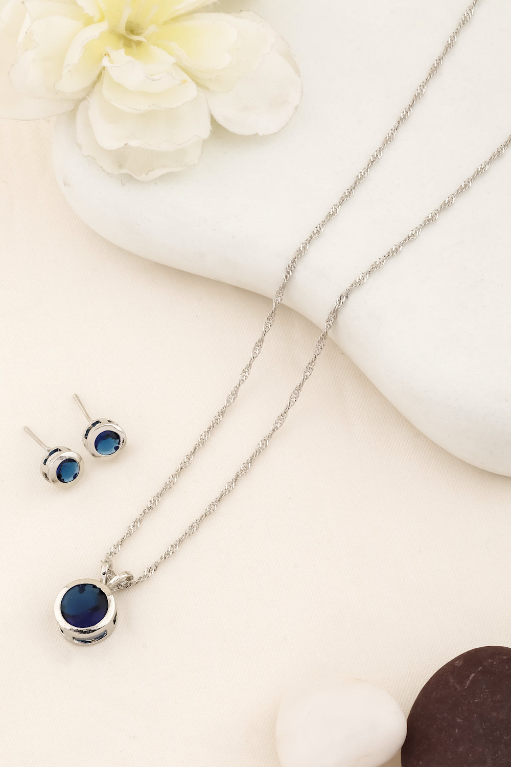blue silver anti tarnish necklace earrings