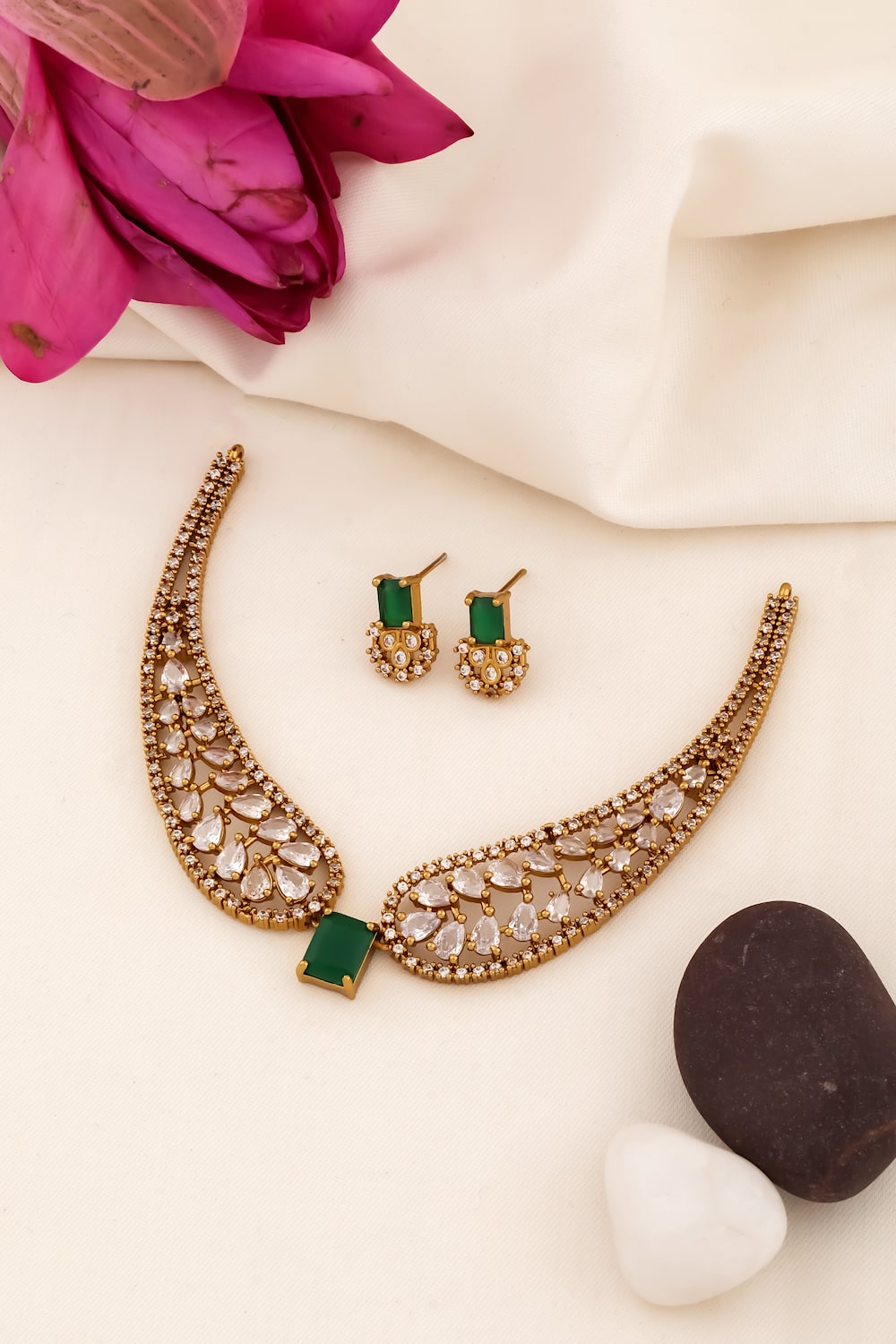 ad zirconia victorian antique gold Choker necklace set 240414