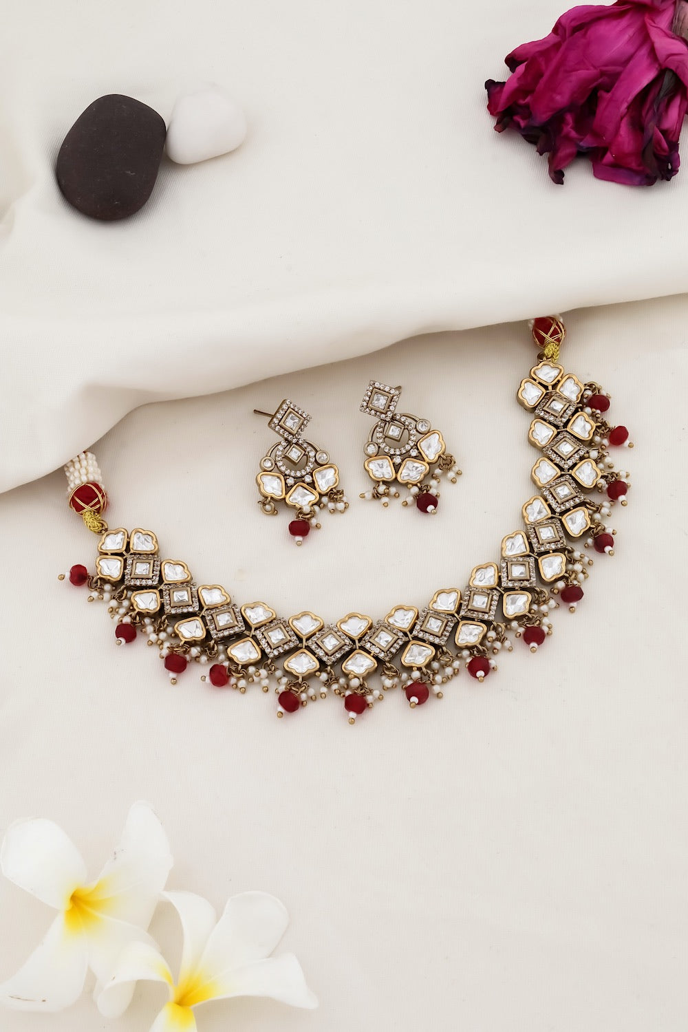 moissanite kundan Cubic Zirconia choker necklace with dainty drop earrings victorian polish