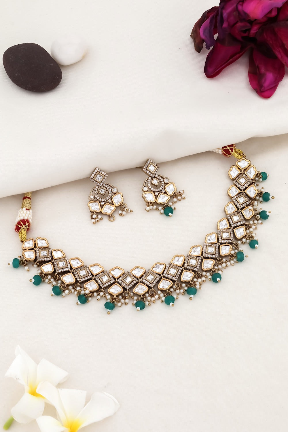 moissanite kundan Cubic Zirconia choker necklace with dainty drop earrings victorian polish