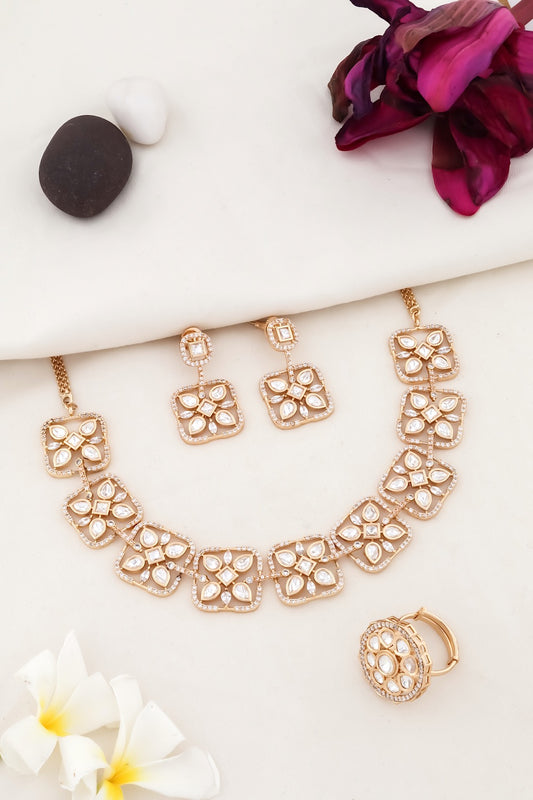 kundan necklace earrings set with cz bordering