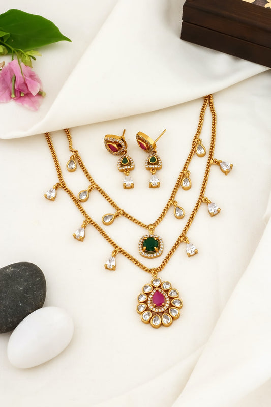 kundan zirconia antique gold polish pendant necklace earrings Set kadgppnes250077