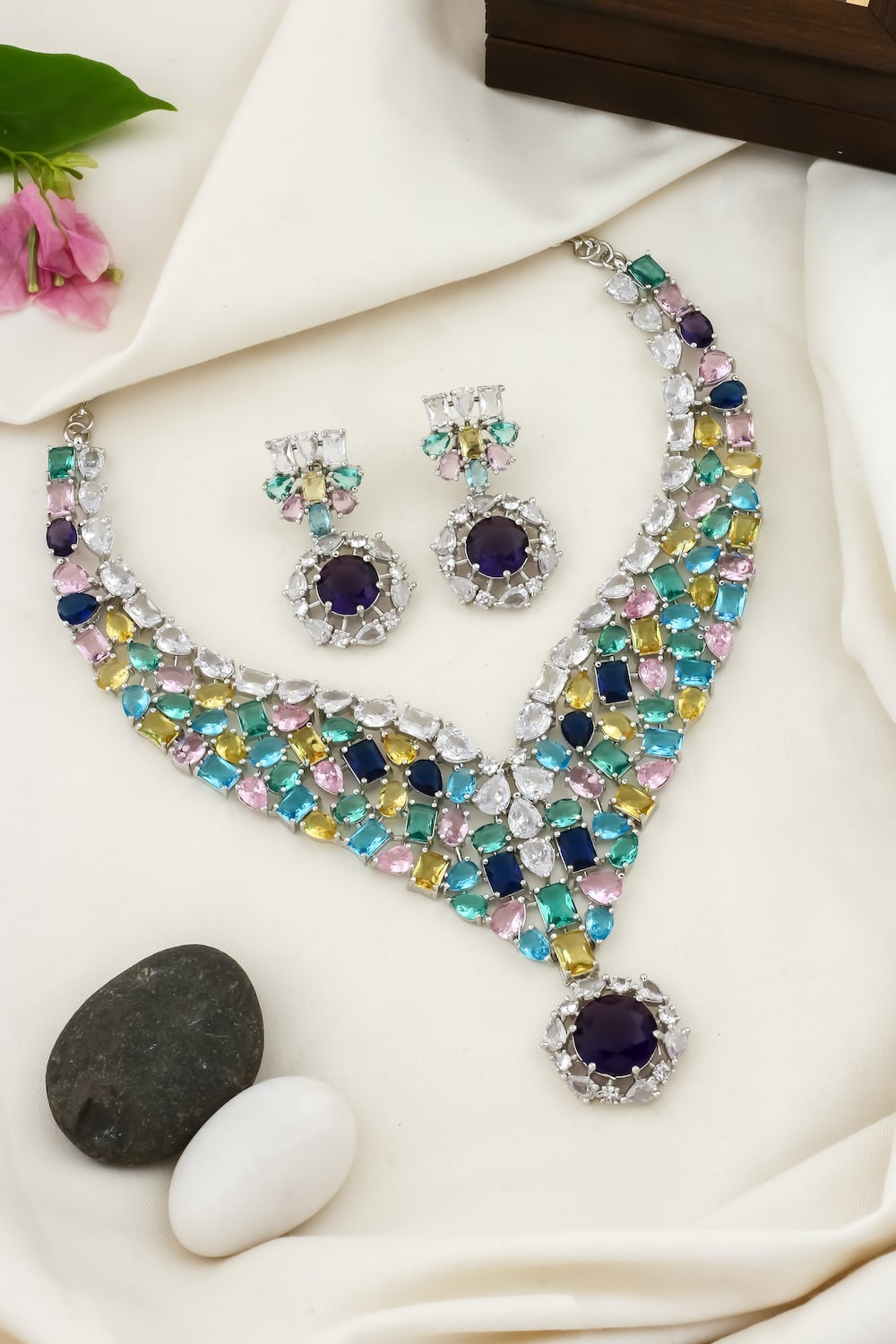 multicolour diamond necklace white gold finish