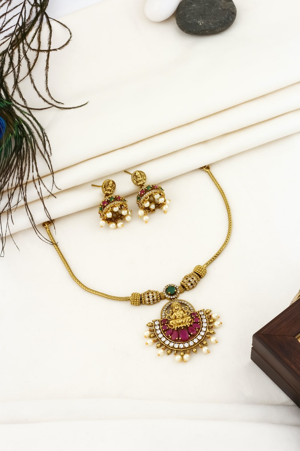 Gold cz lakshmi chain Necklace Earrings Set adgpchnes250108