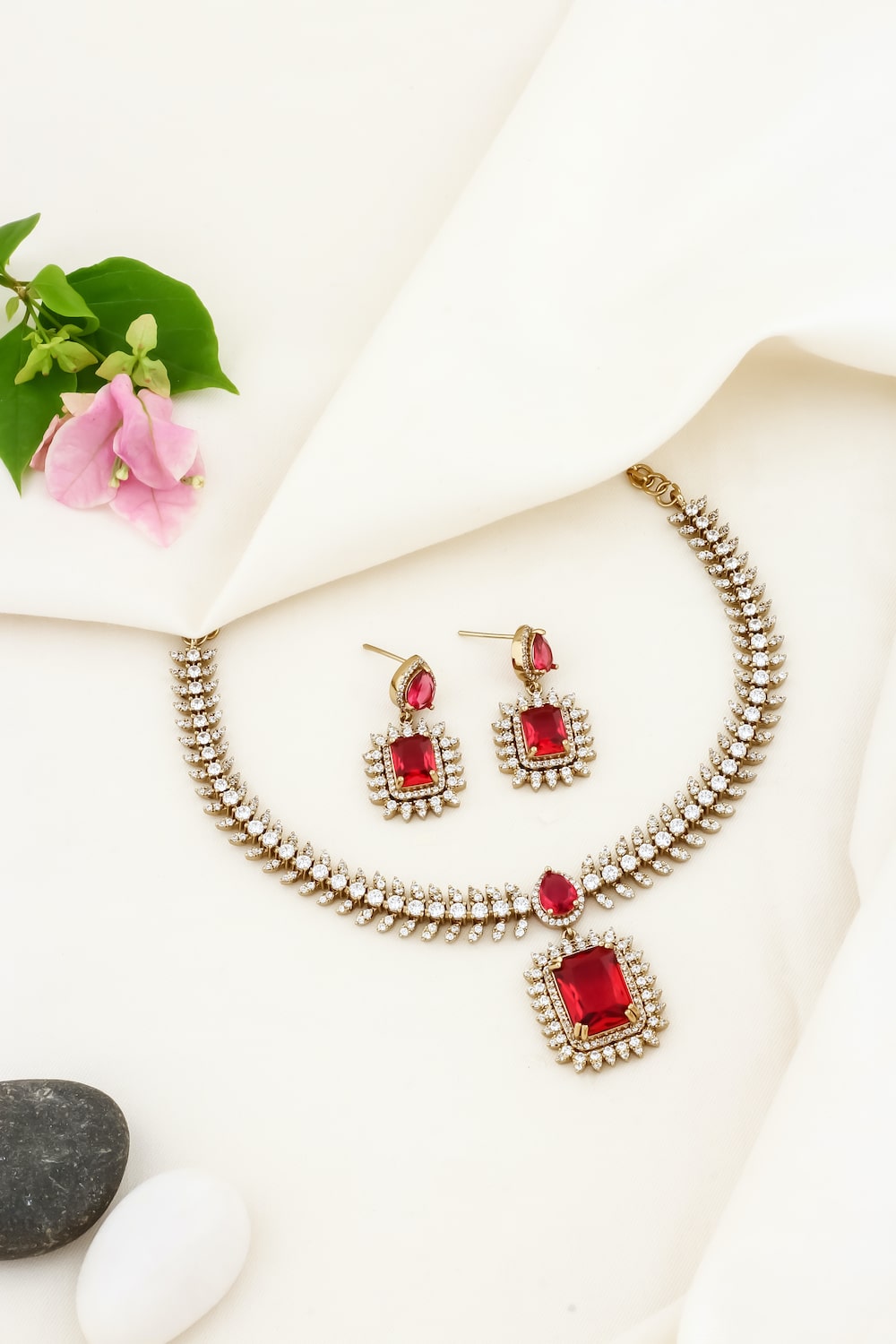 ad zirconia victorian kundan ruby Choker necklace set adchnes250079