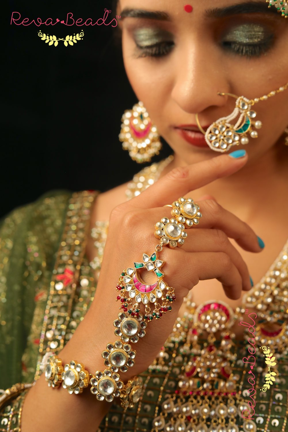 Kundan Long Necklace Earrings Paasa Haath Phool Set klnephps220248