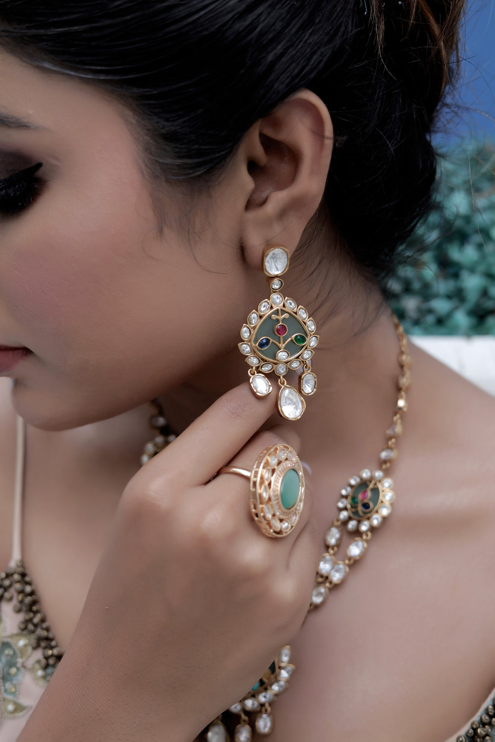 MINT HOLDALI NECKLACE WITH MOISSANITE DOUBLE LAYER AND DROP EARRINGS