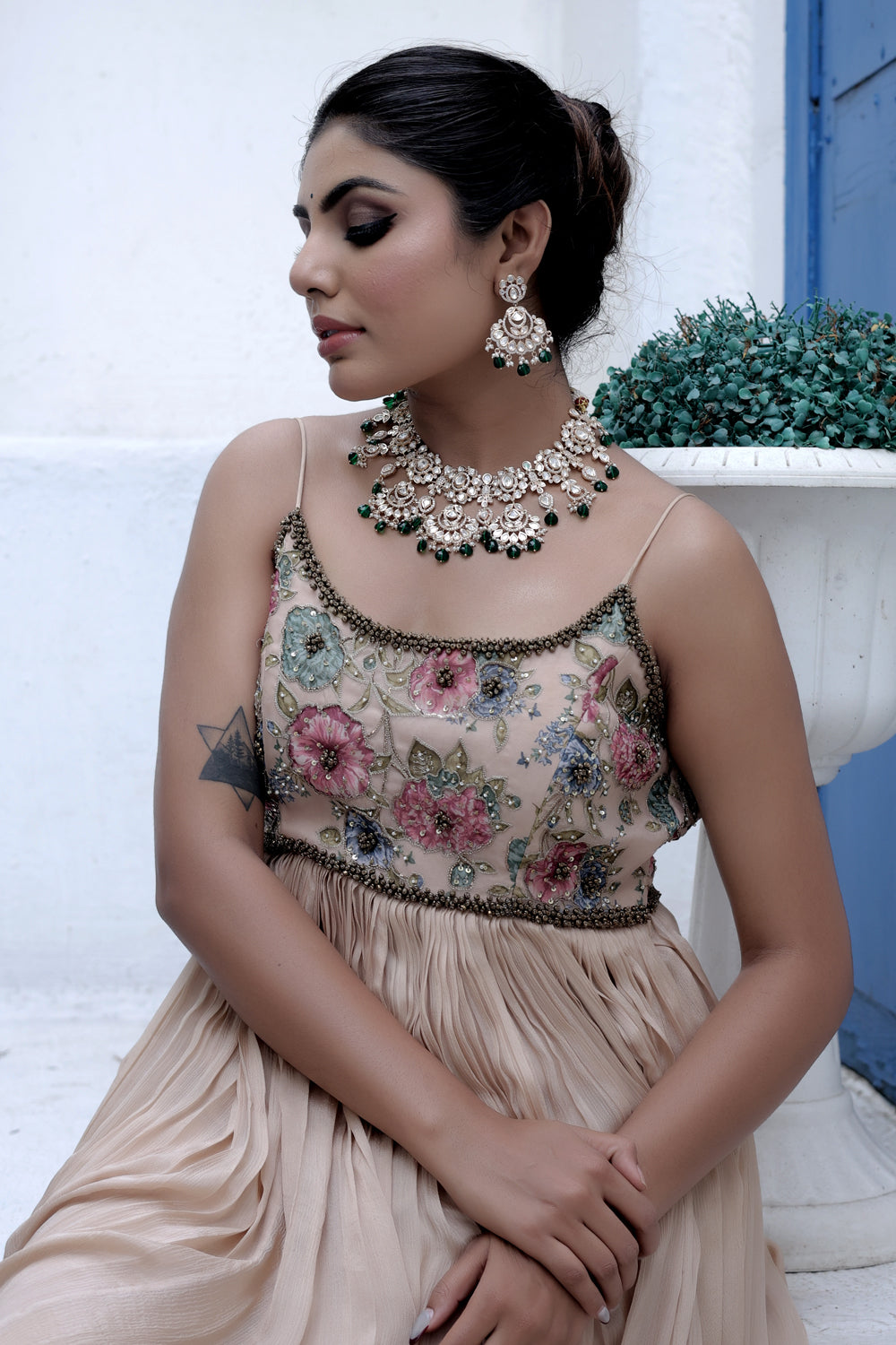 indian bridal moissanite kundan choker necklace with chandbali earrings