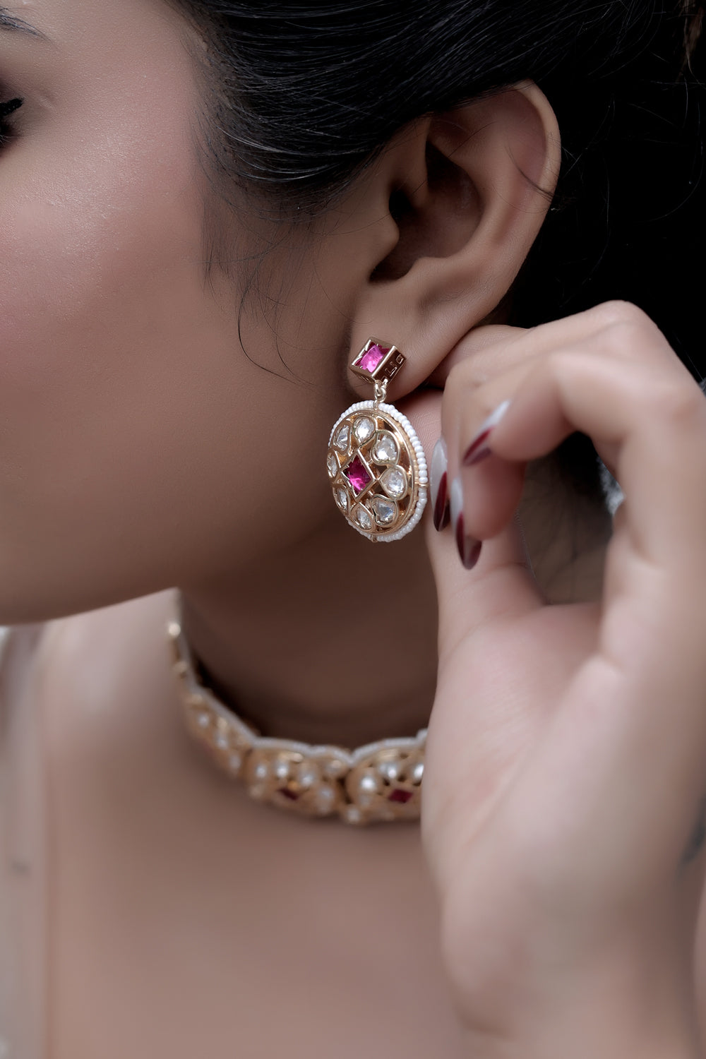 moissanite tyaani kundan choker drop earrings set