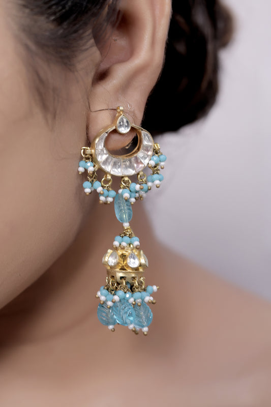 kundan carved sky blue stones tika earrings set