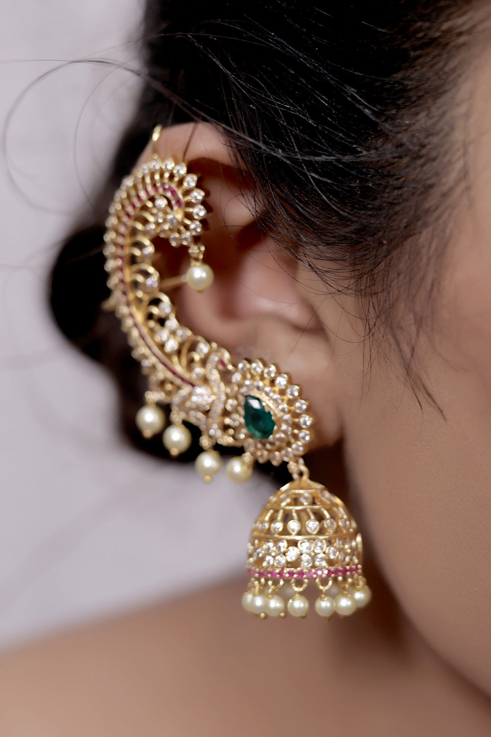 Ad zircon victorian peacock jhumka earrings with kanphool adgpje250033