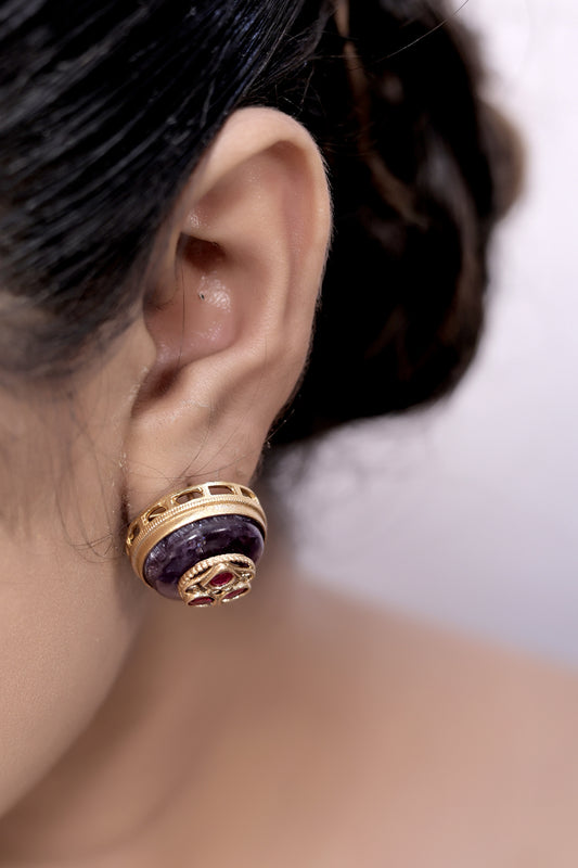 ad kundan round stud earrings with semi precious stones