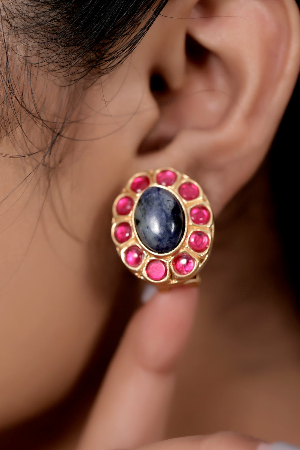 ad kundan oval stud earrings with semi precious stones