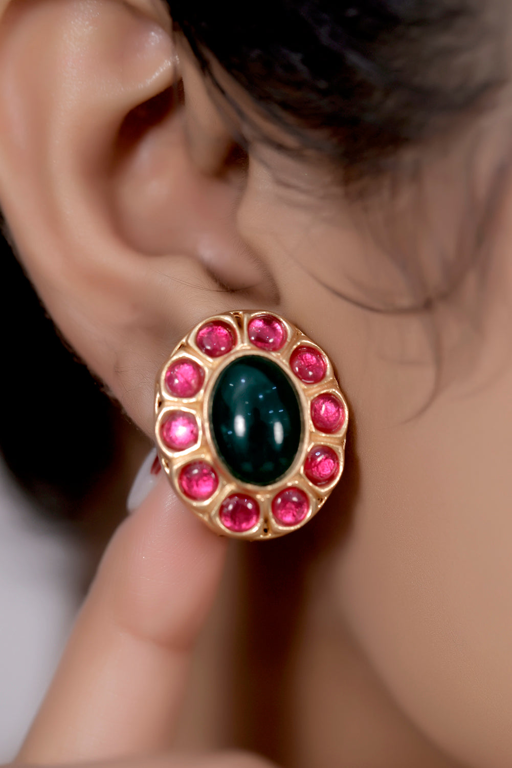 ad kundan oval stud earrings with semi precious stones