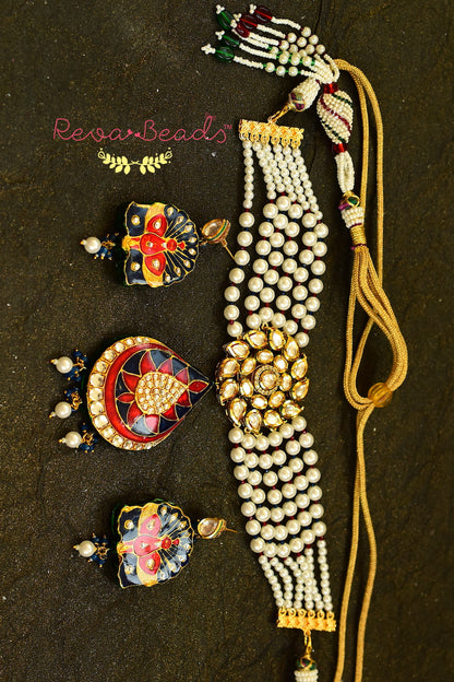 Kundan Meenakari Choker Necklace Earrings Set kmchnes220353