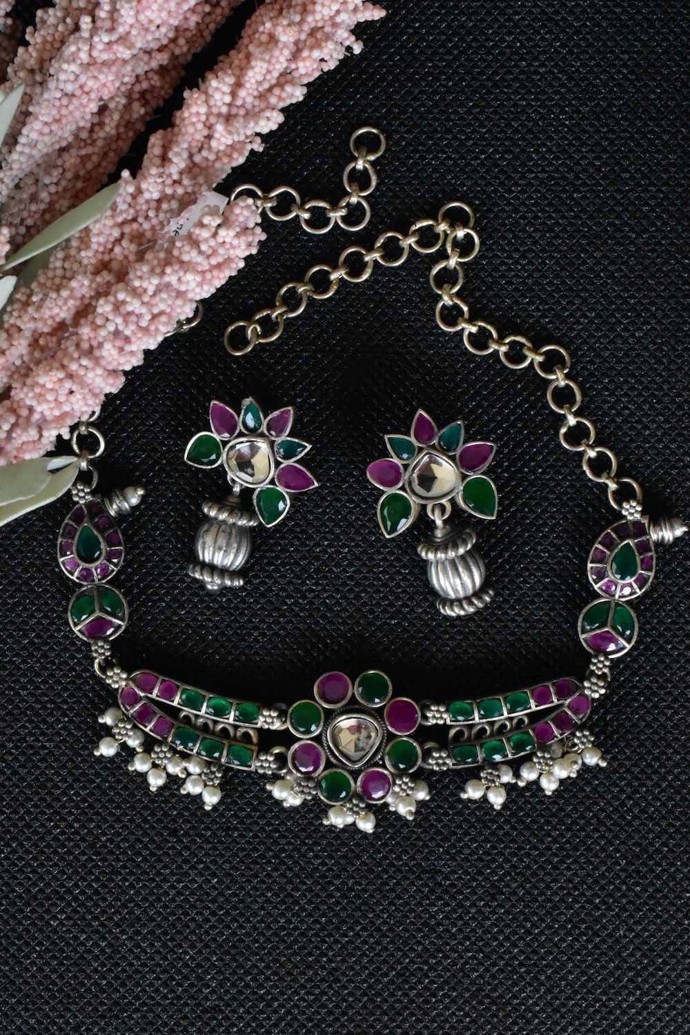 Tribal choker necklace earrings set trchnes230488