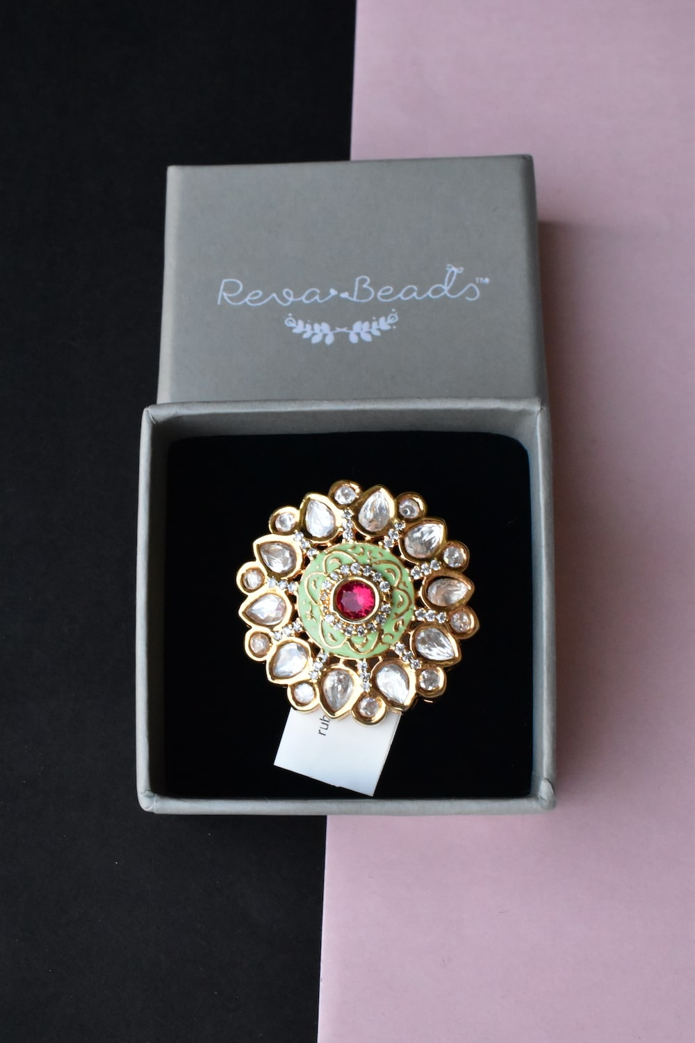 ruby light green kundan finger ring