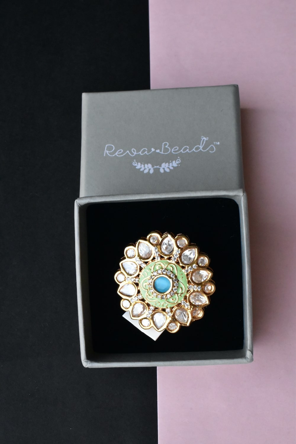 sky blue light green kundan finger ring
