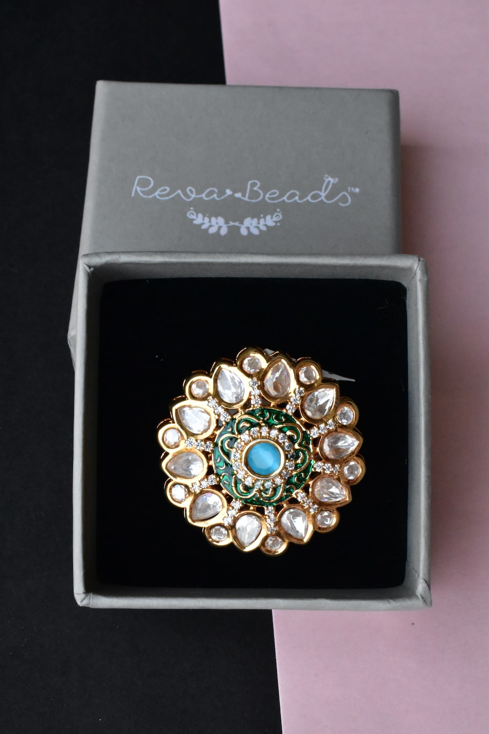 sky blue green kundan finger ring
