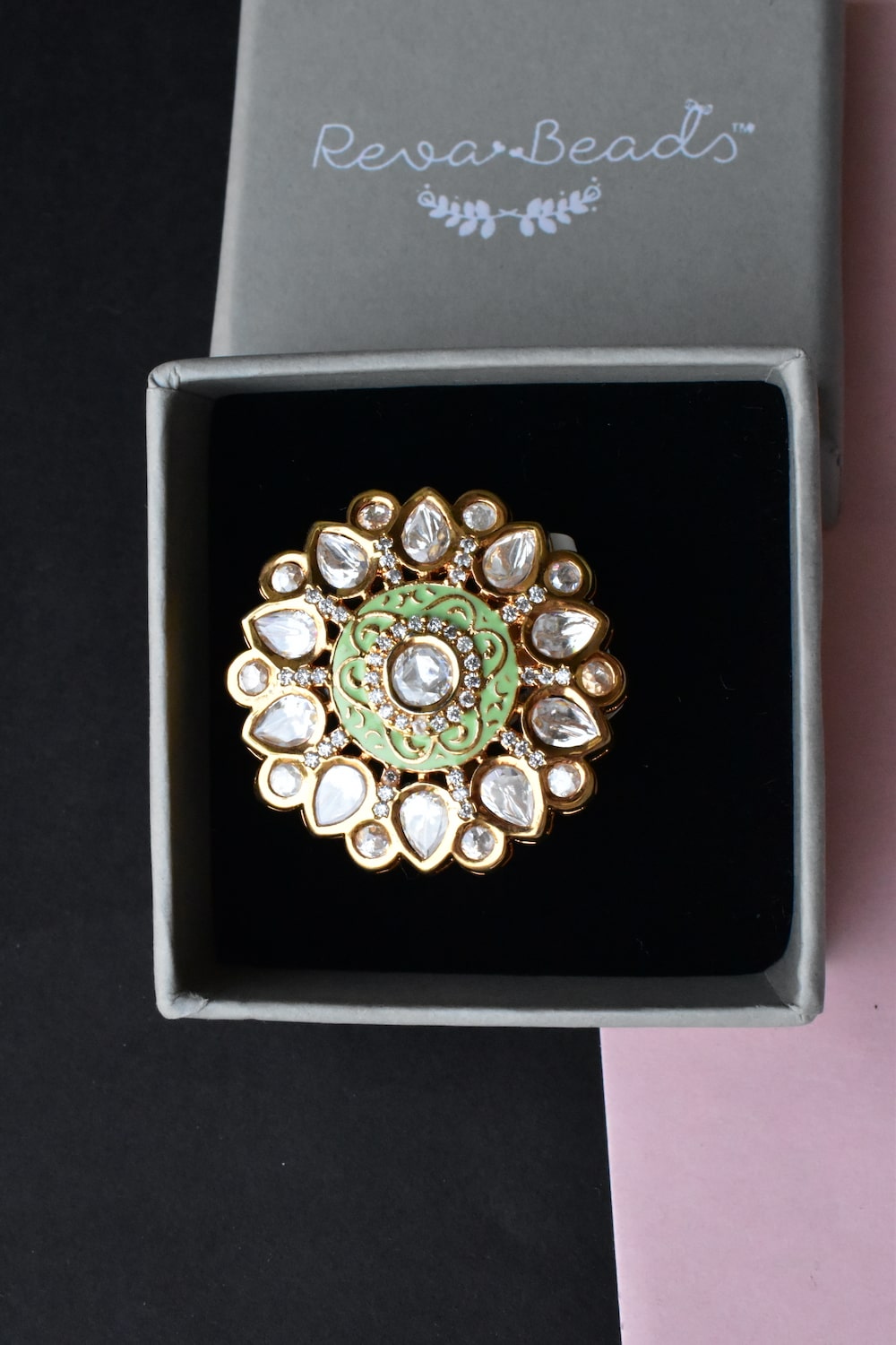 white light green kundan finger ring