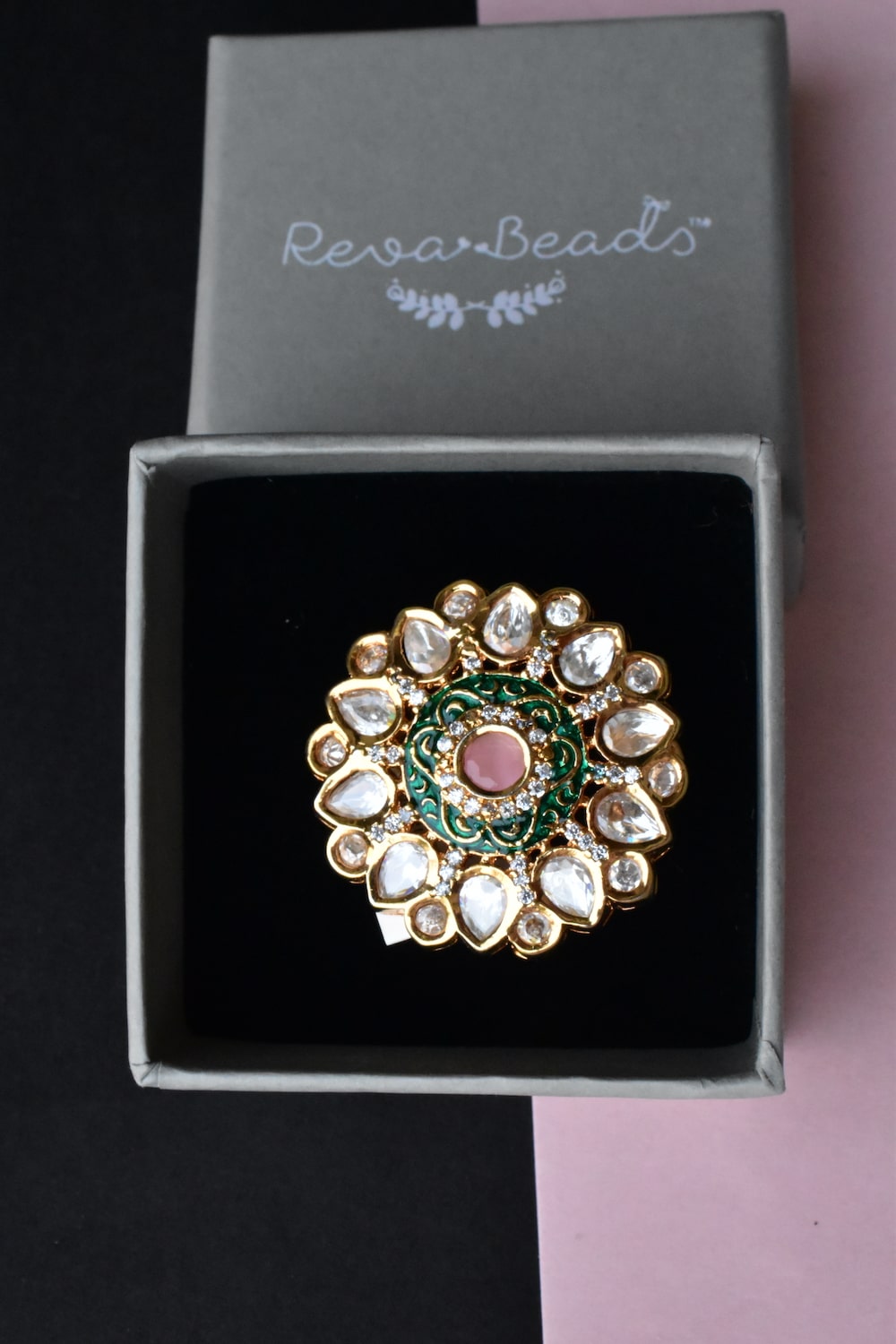 pink green kundan finger ring