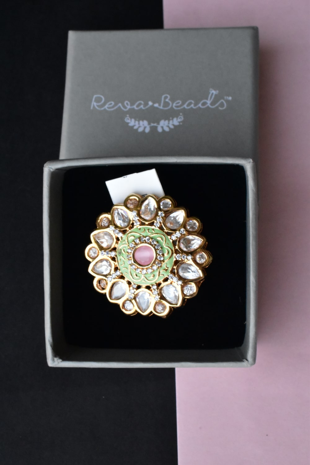 pink light green kundan finger ring