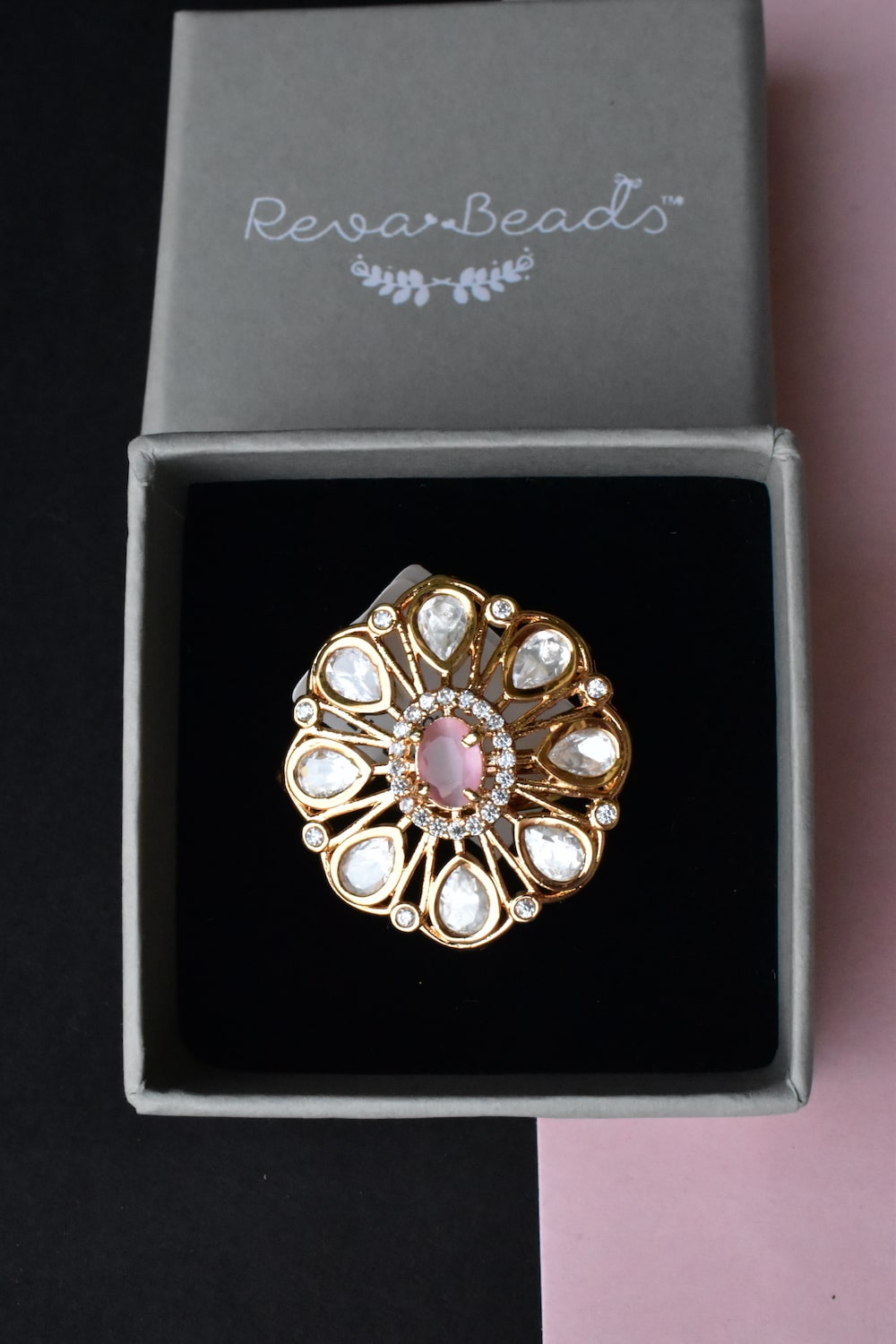 pink kundan finger ring