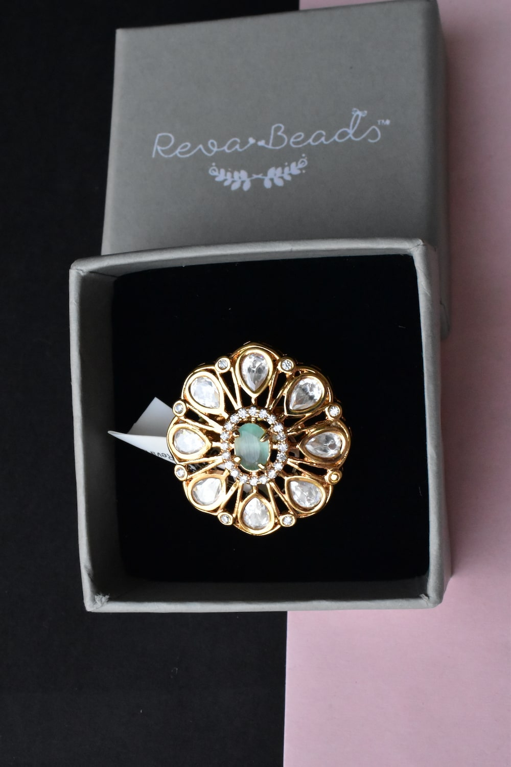 mint kundan finger ring