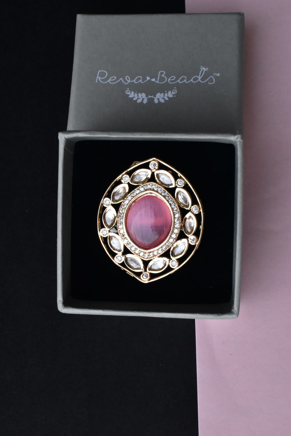 pink cz kundan finger ring