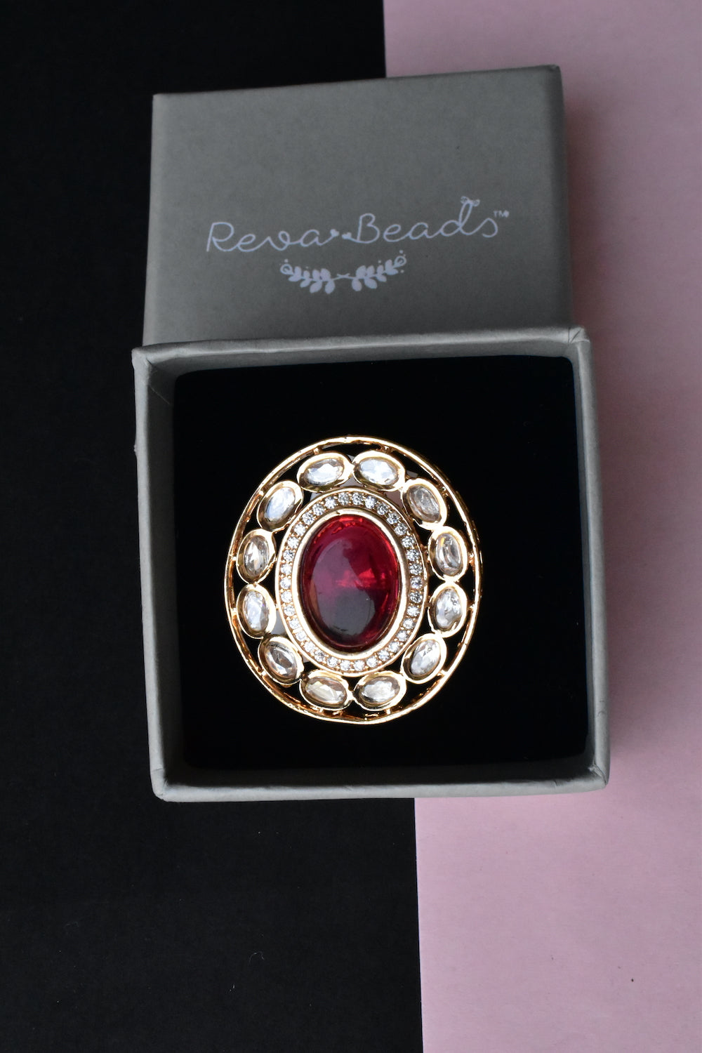 red kundan finger ring