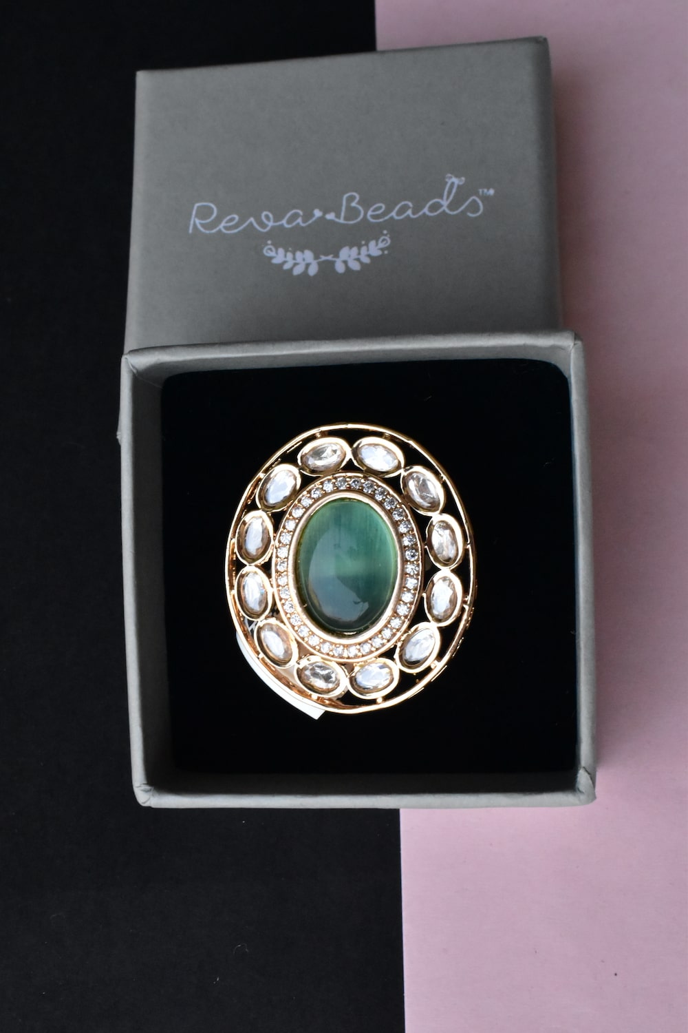 mint kundan finger ring