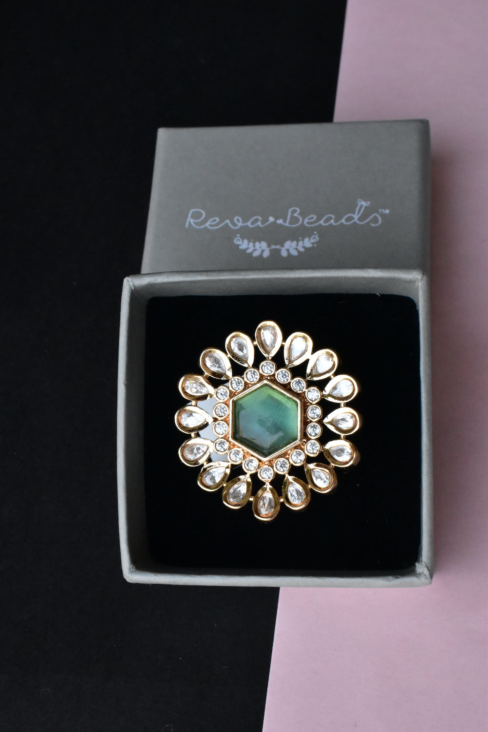 mint kundan finger ring