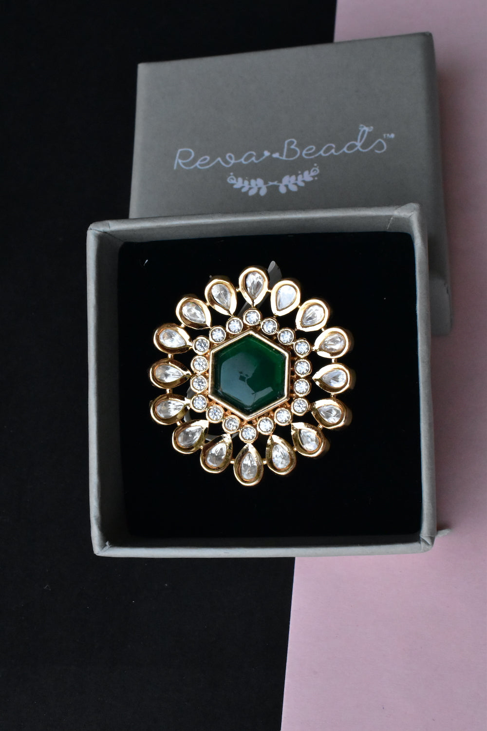 green kundan finger ring 