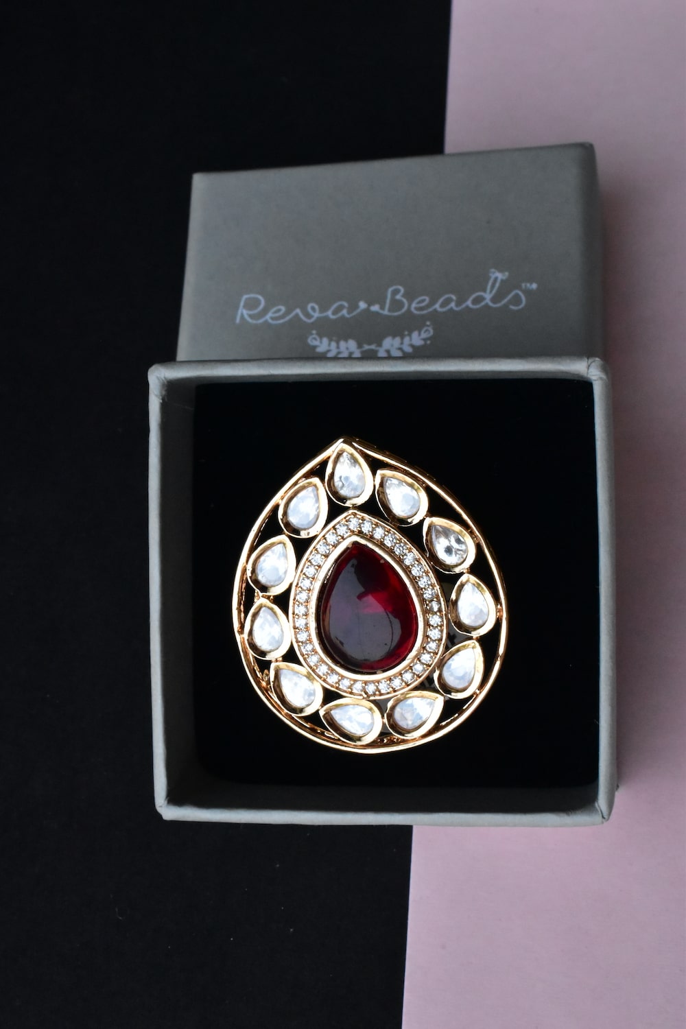 red kundan finger ring