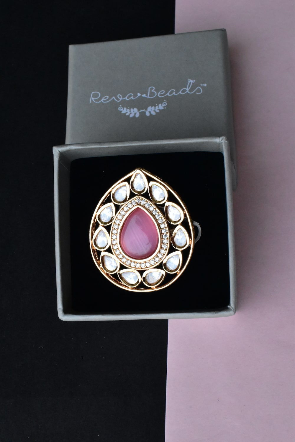 pink kundan finger ring