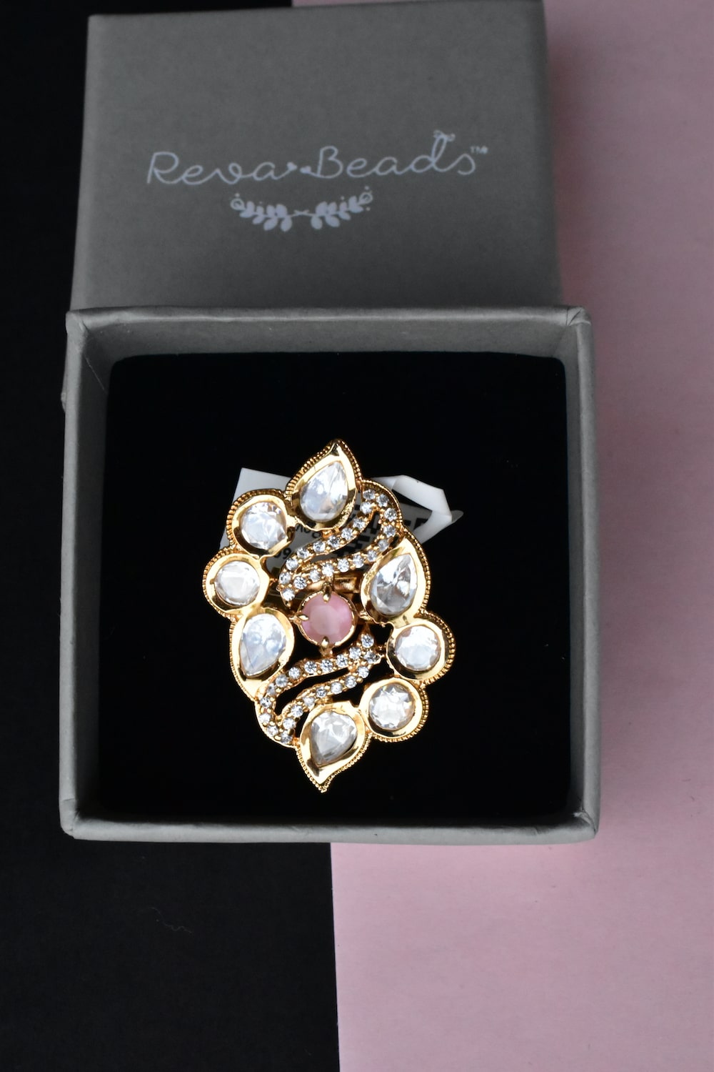 pink kundan finger ring
