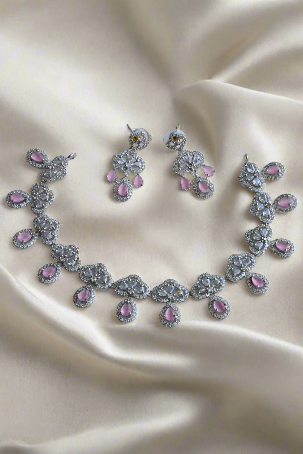 zirconia pink stone necklace set