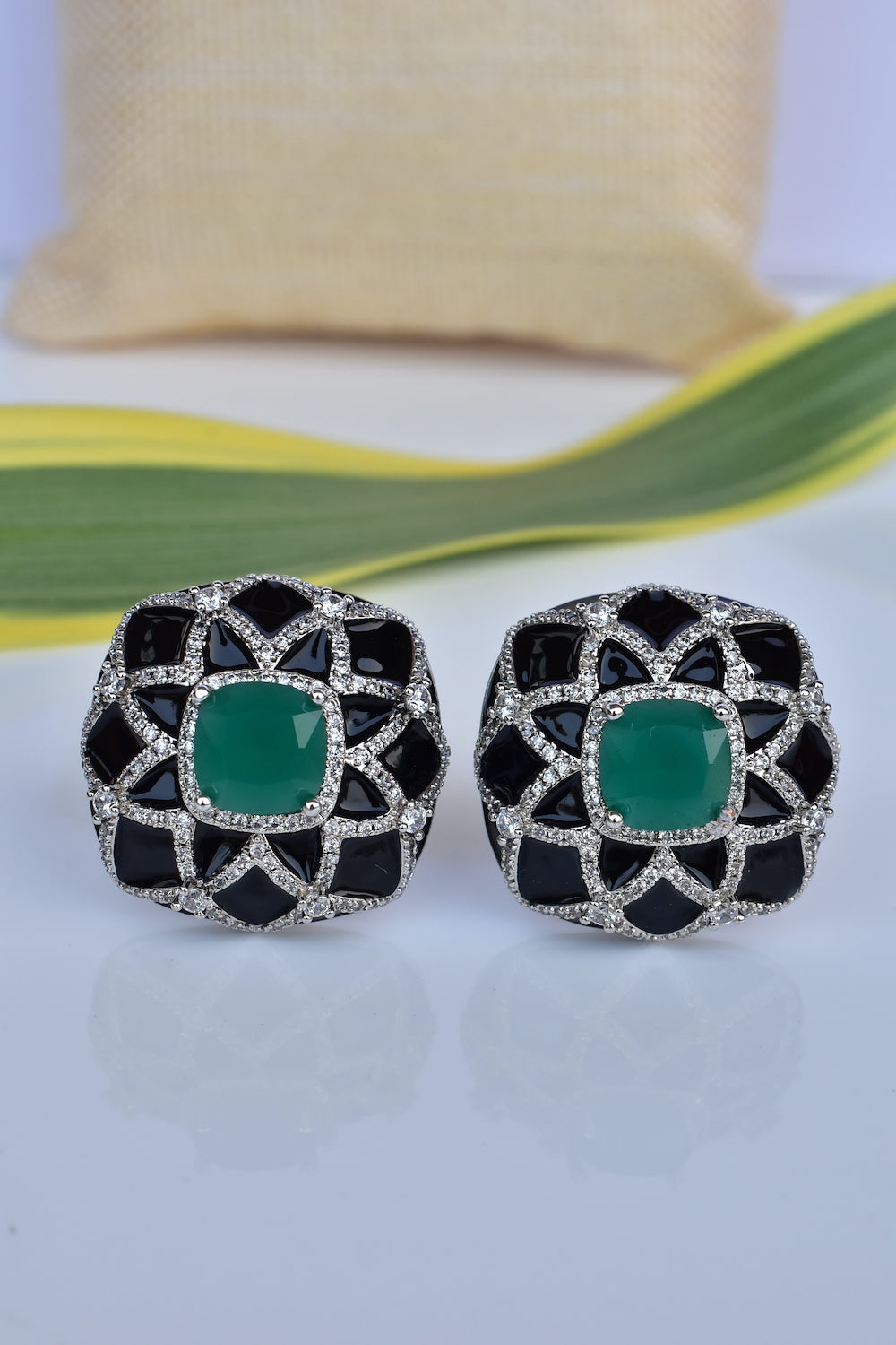 emerald black silver cz earrings