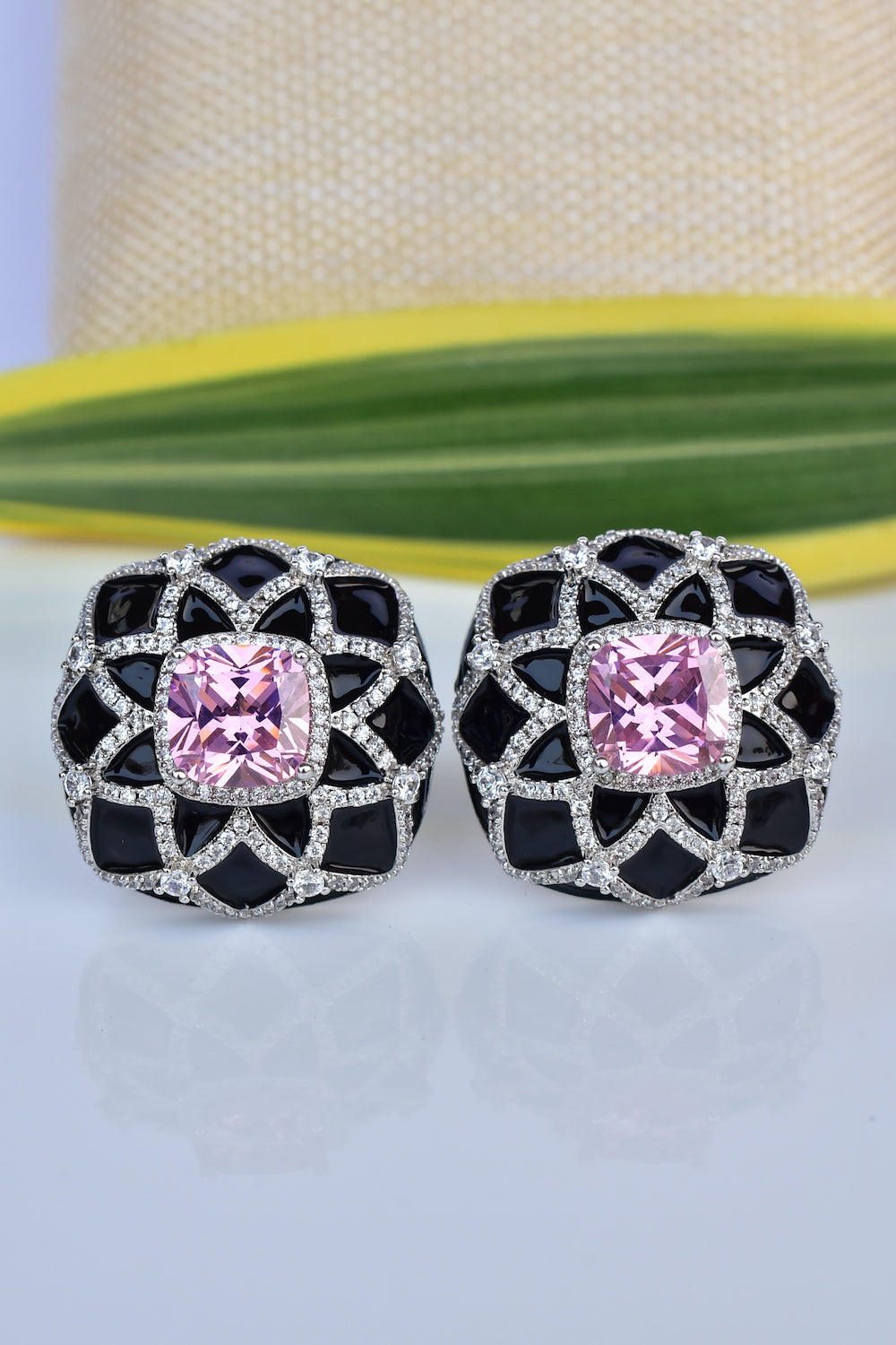 morganite pink black enamel cz earrings