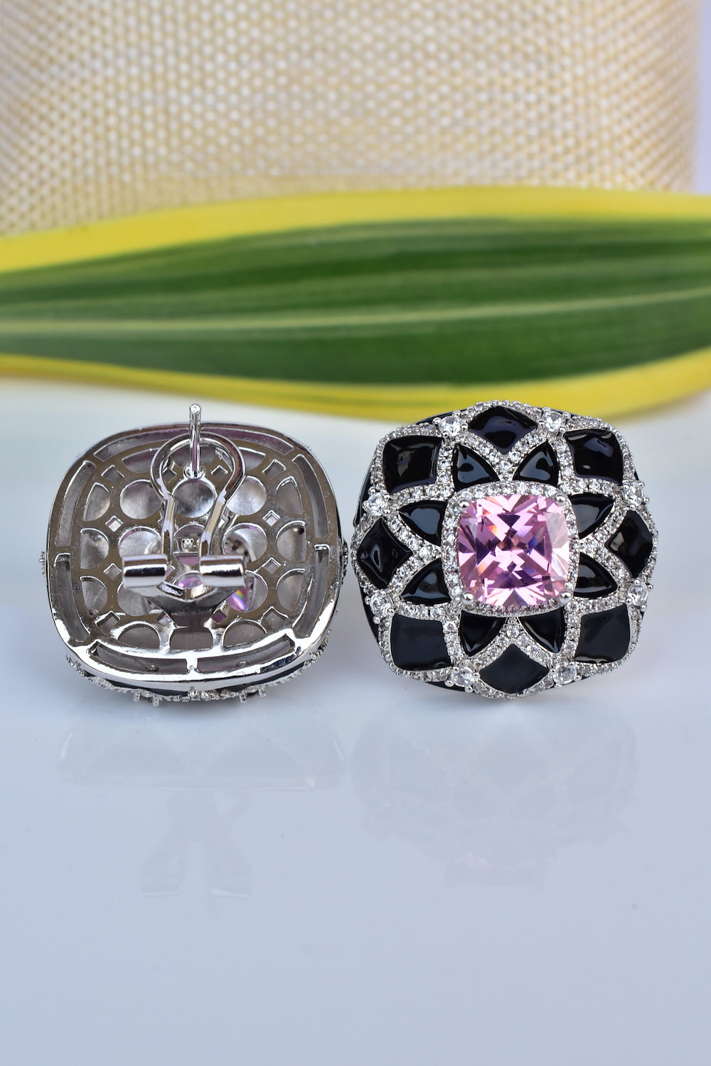 pink diamond enamel stud earrings