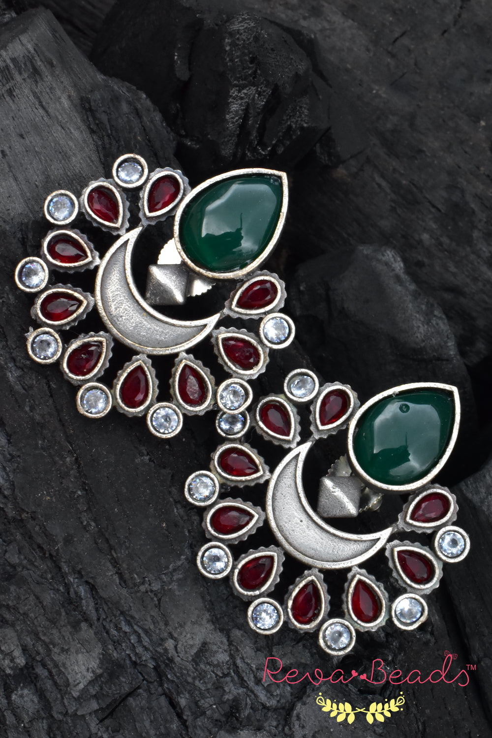 green red oxidised silver earrings