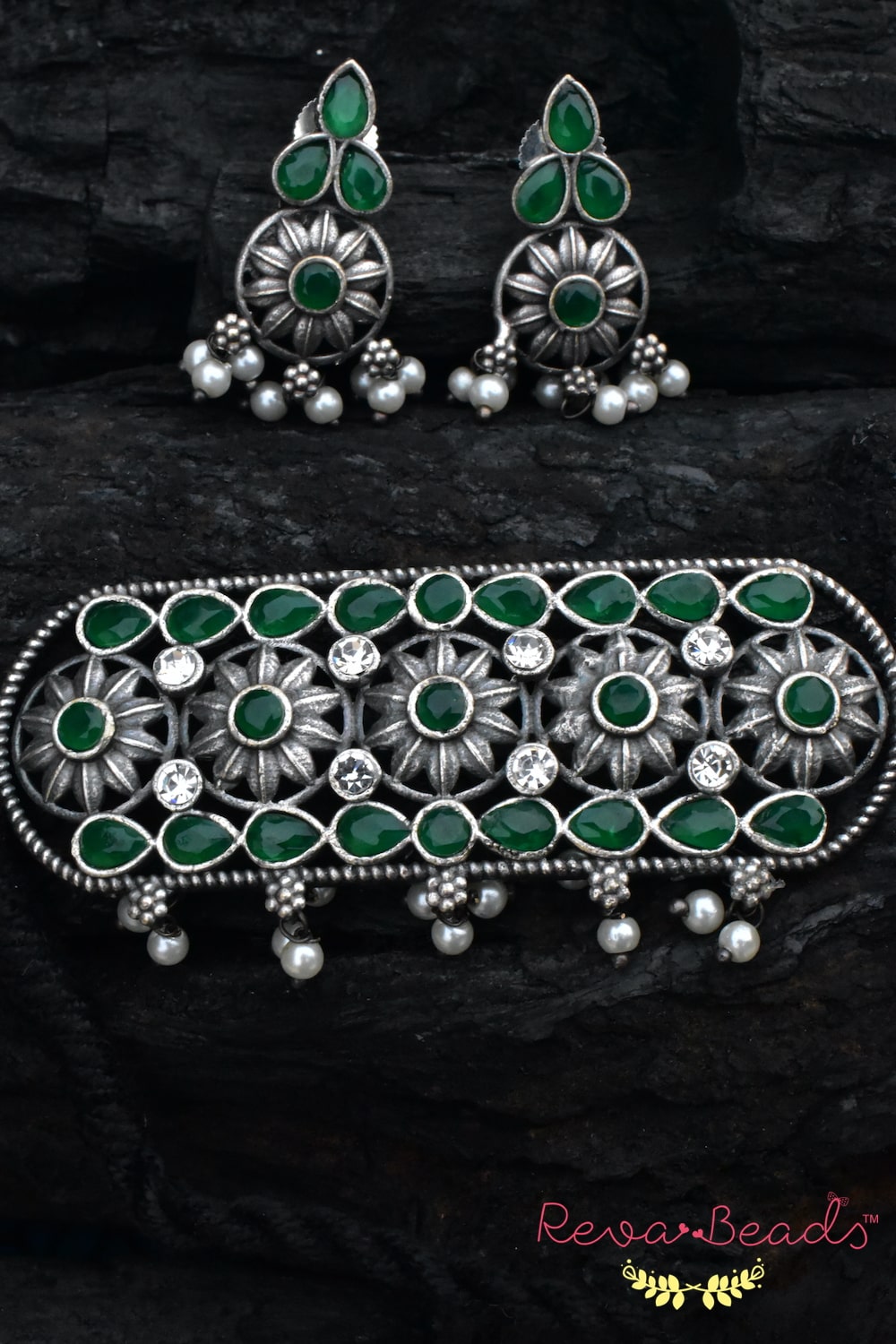 oxidised green choker set