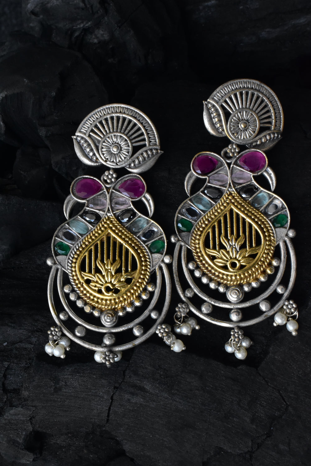navratna silver earrings