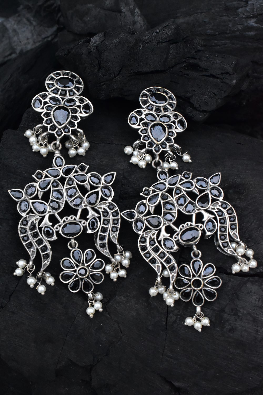 silver long black earrings